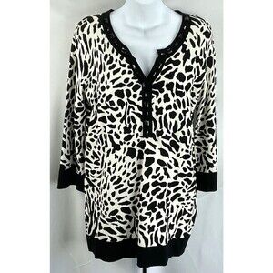 Joseph A Tunic sweater M blk/wht Leopard Cow beaded 1/2 button 3/4 sleeve Glam